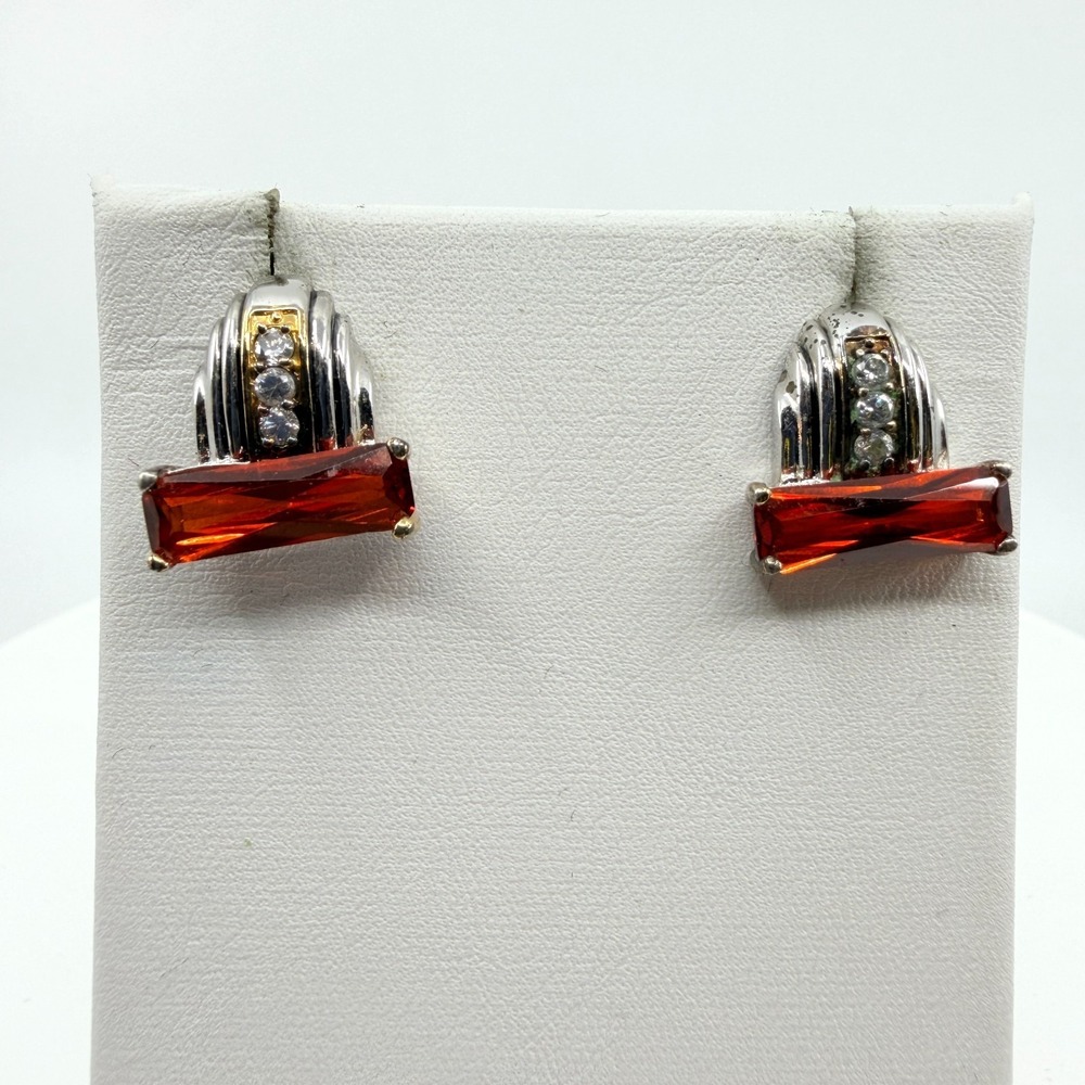 VTG Art Deco Red CZ Baguette Stud Earrings Silver & Gold Tone Cocktail
